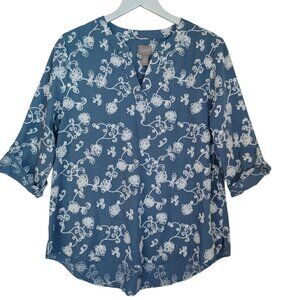 Chicos Tunic Blouse Blue Chambray Embroidered Fold Sleeve Popover Womens Large